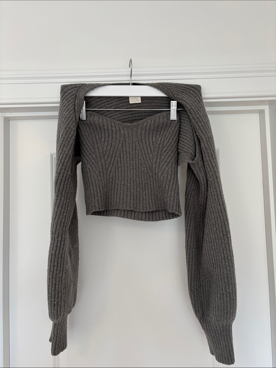 Sweaters - Ribbed Cropped Balloon Sleeve Two Piece Sweater Set - Charcoal